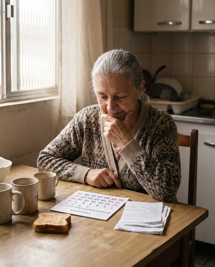 Idosa à mesa da cozinha consultando um calendário e anotações