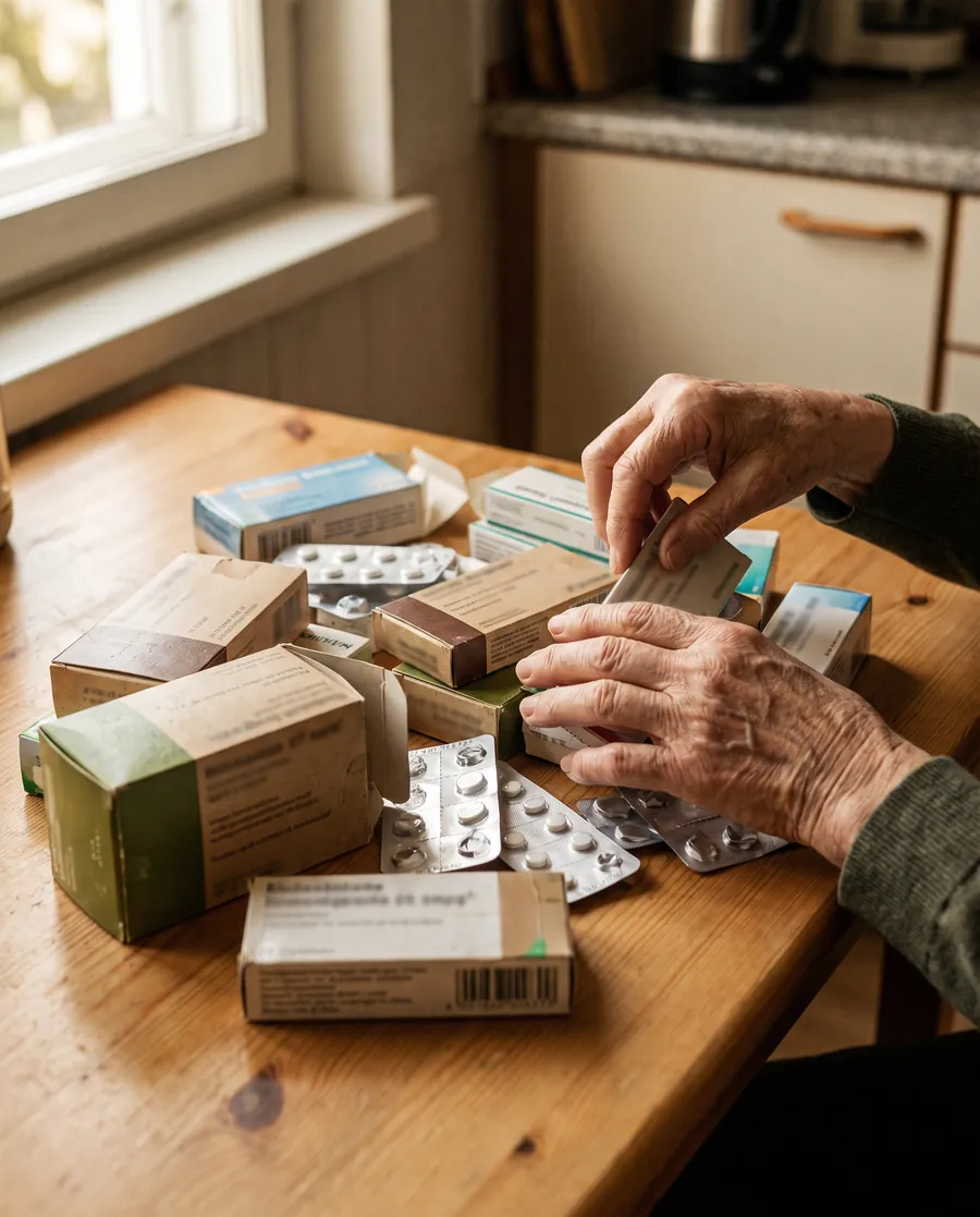 Mãos idosas organizando várias caixas de remédio sobre a mesa